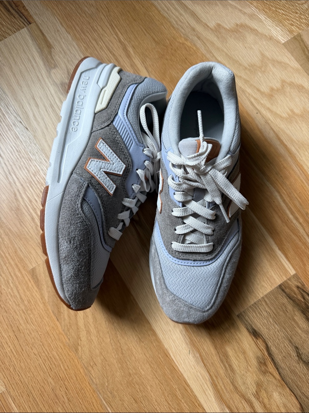 New Balance Light Gray, White & Tan Suede Mesh Sneakers